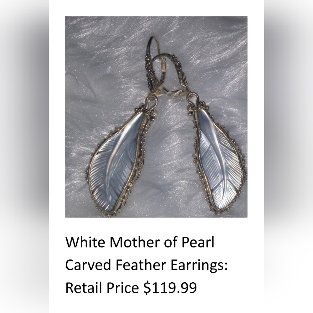 White Mother of Pearl Carved Feather Earrings